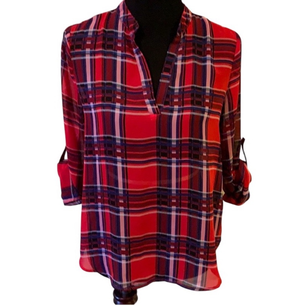 No Boundaries Sheer Red & Navy Blue Plaid V Neck Shirt Junior’s Medium - Picture 1 of 6